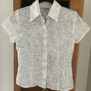 Floral White and Blue Button Down Shirt
